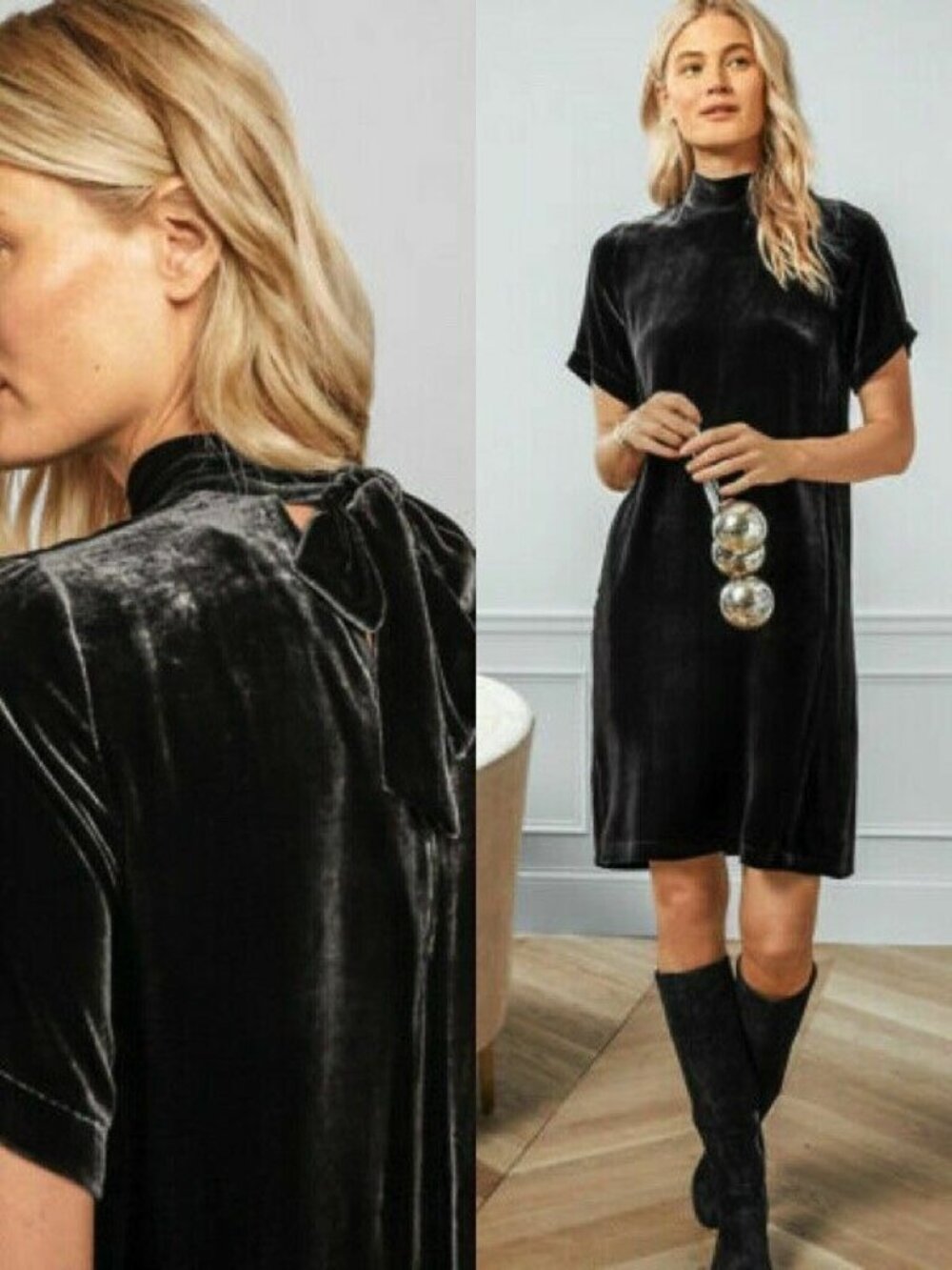 Eileen Fisher Blue Velvet Dress S Mock Neck to Be Tied or Draped in Back, Washbl